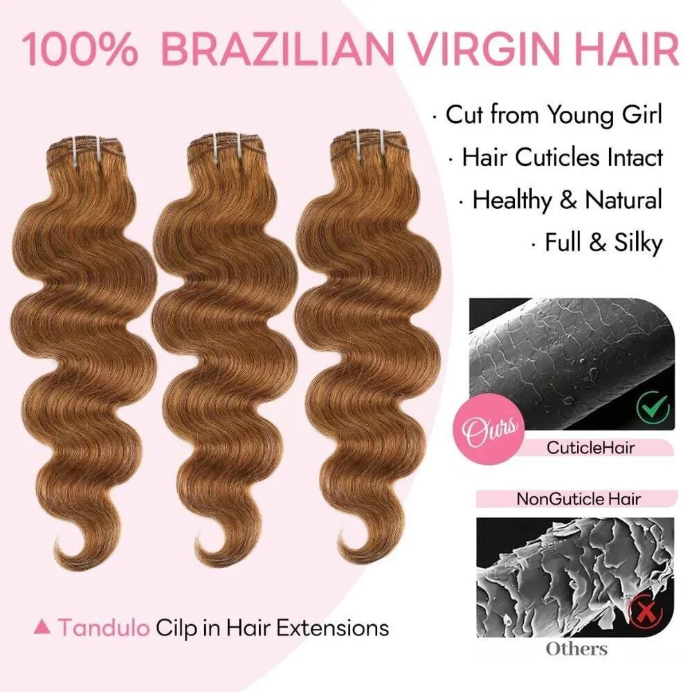 Clip in Hair Extensions Real Human Hair Body Wave 22 Inches Auburn Ginger
